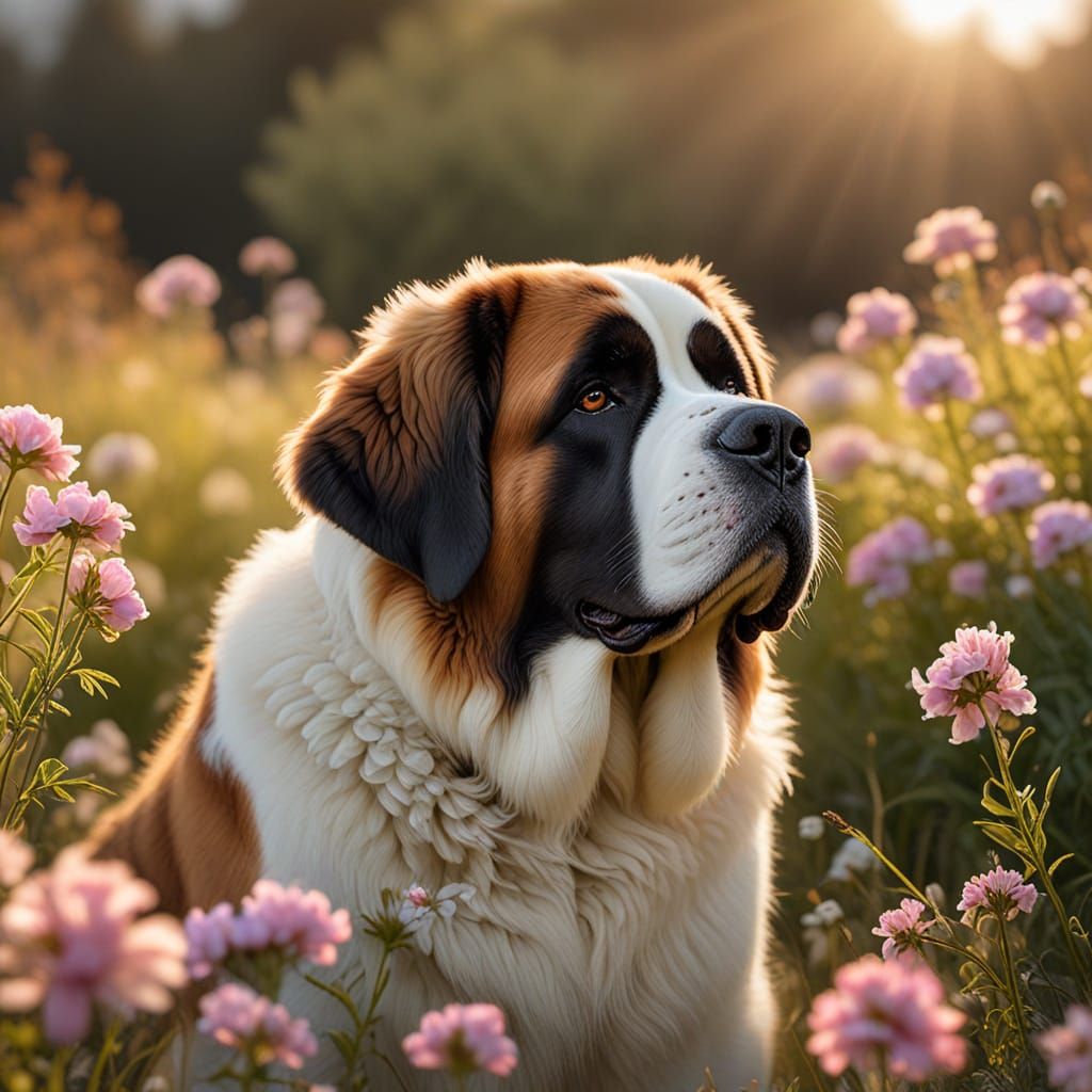 St Bernard in Flower Field: Hyper-Realistic Oil Painting