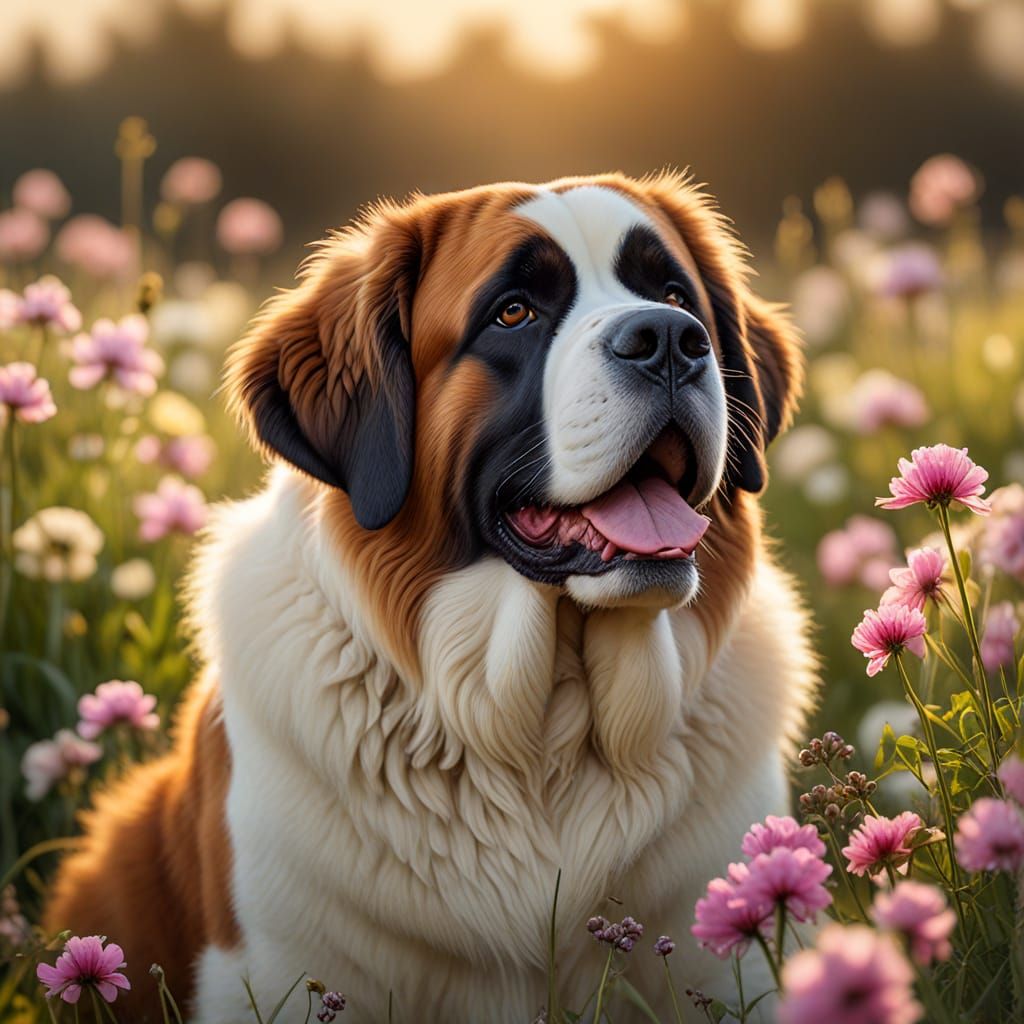 St Bernard Dog in Flower Field, Oil Painting Style