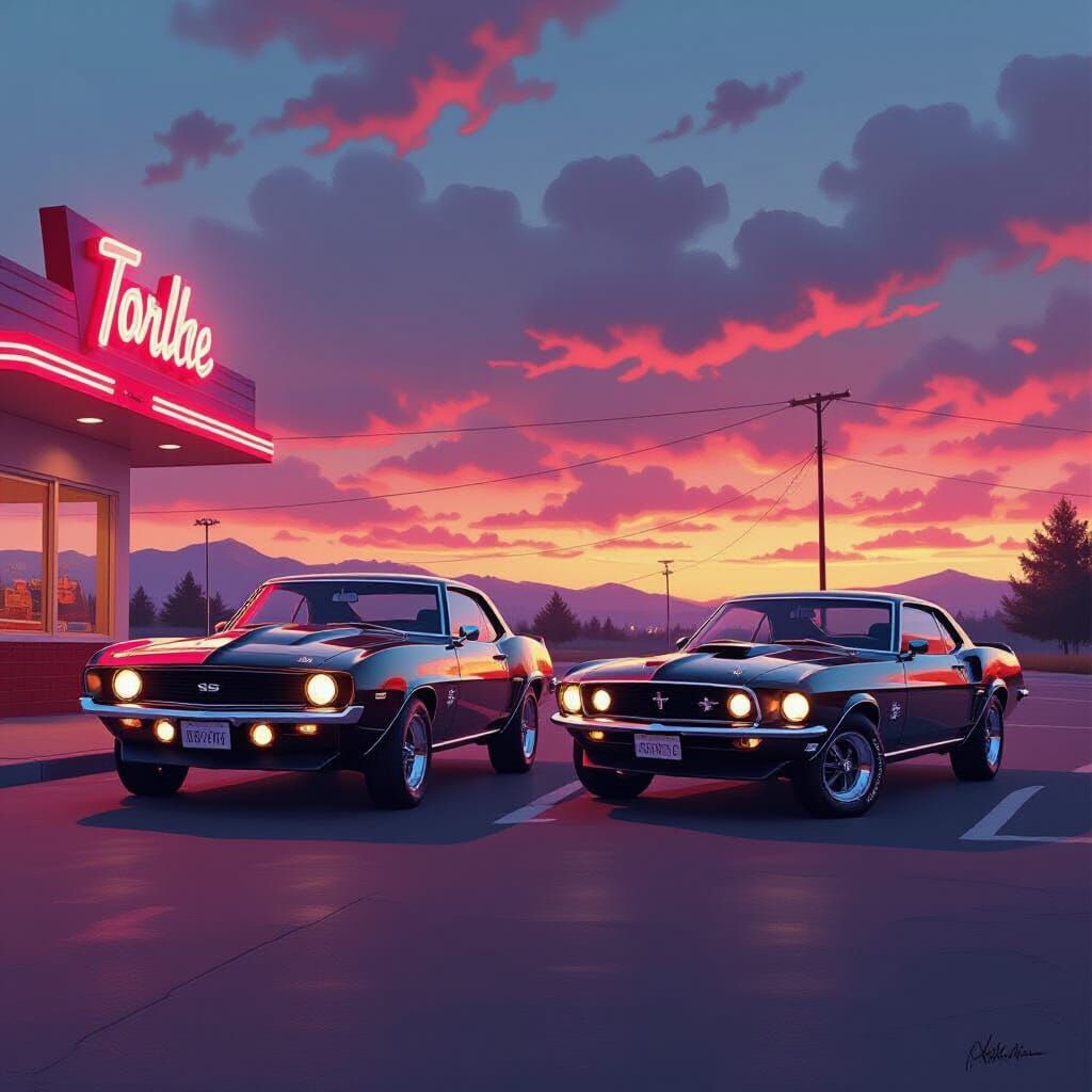 Classic Muscle Cars at Retro Drive-In, Digital Art