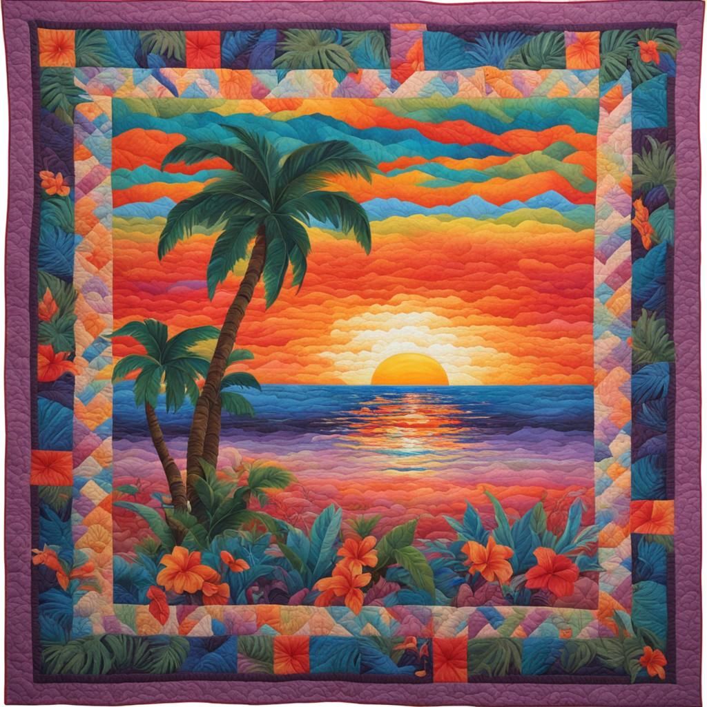 Tropical Beach Sunset in Quilt Style