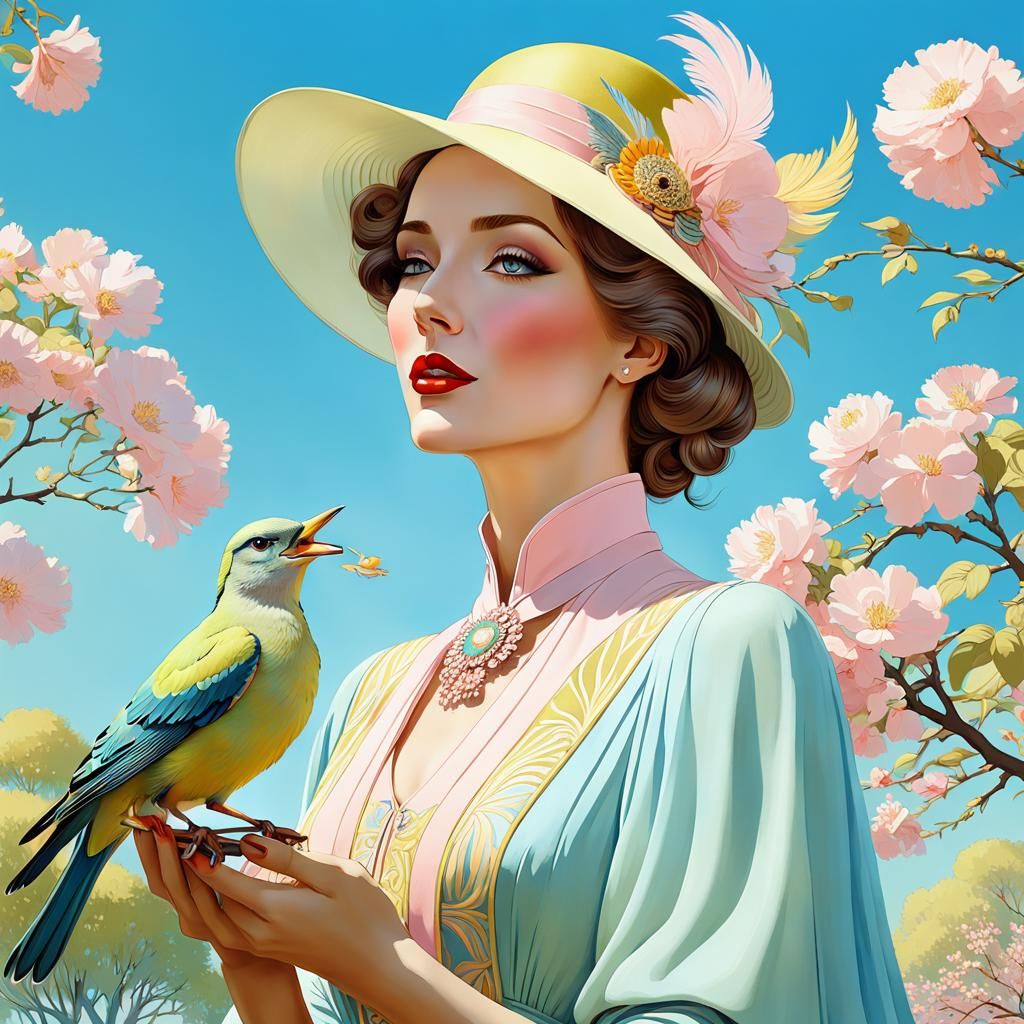 Elegant Woman Feeding Bird in Art Deco Style