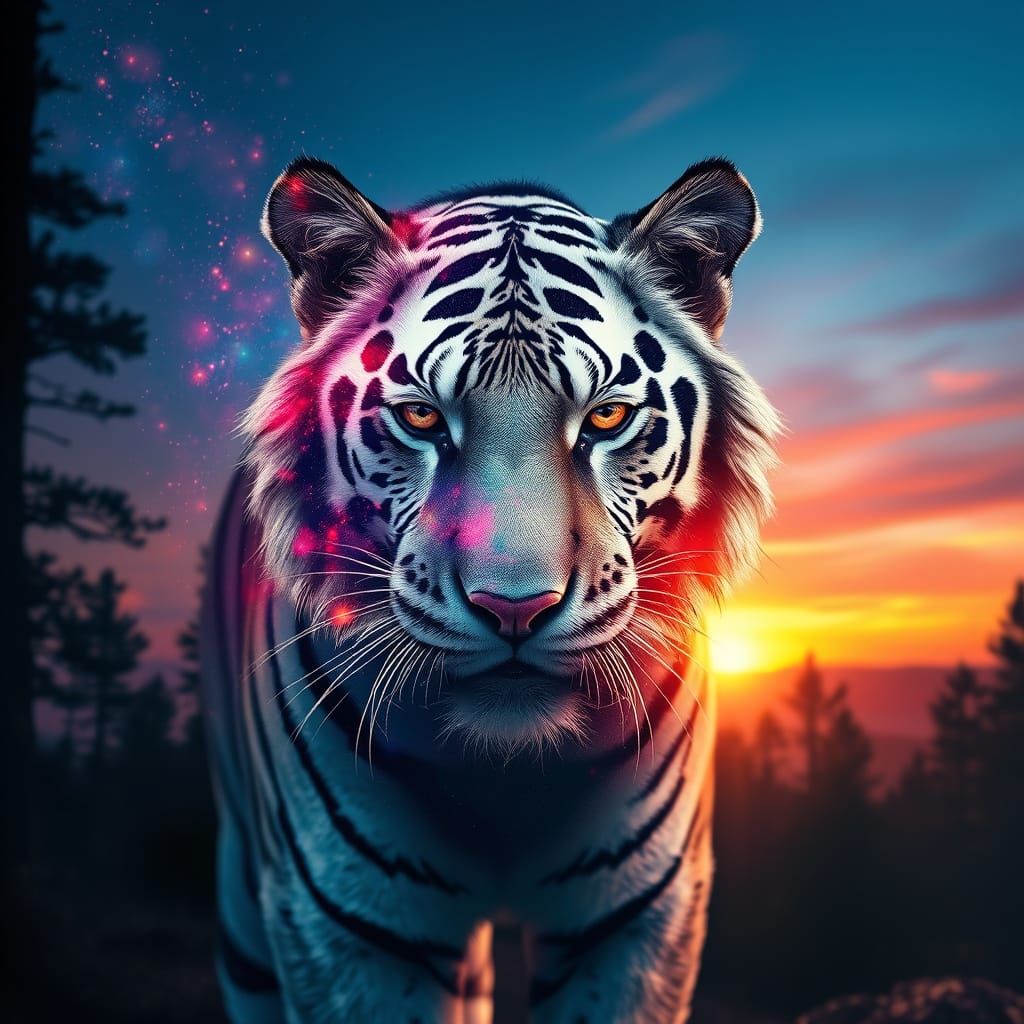 Galaxy White Tiger Double Exposure in Maximalist Style