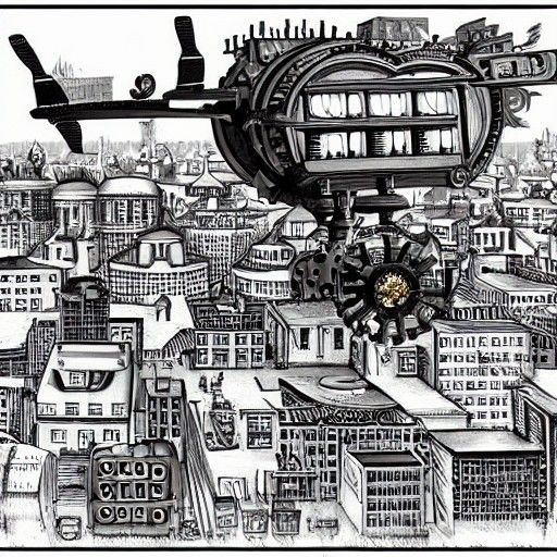 Steampunk Flying Shop Over Cityscape