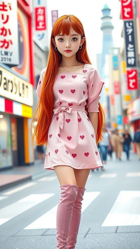 Confident Kawaii Model in Pastel Pink Dress