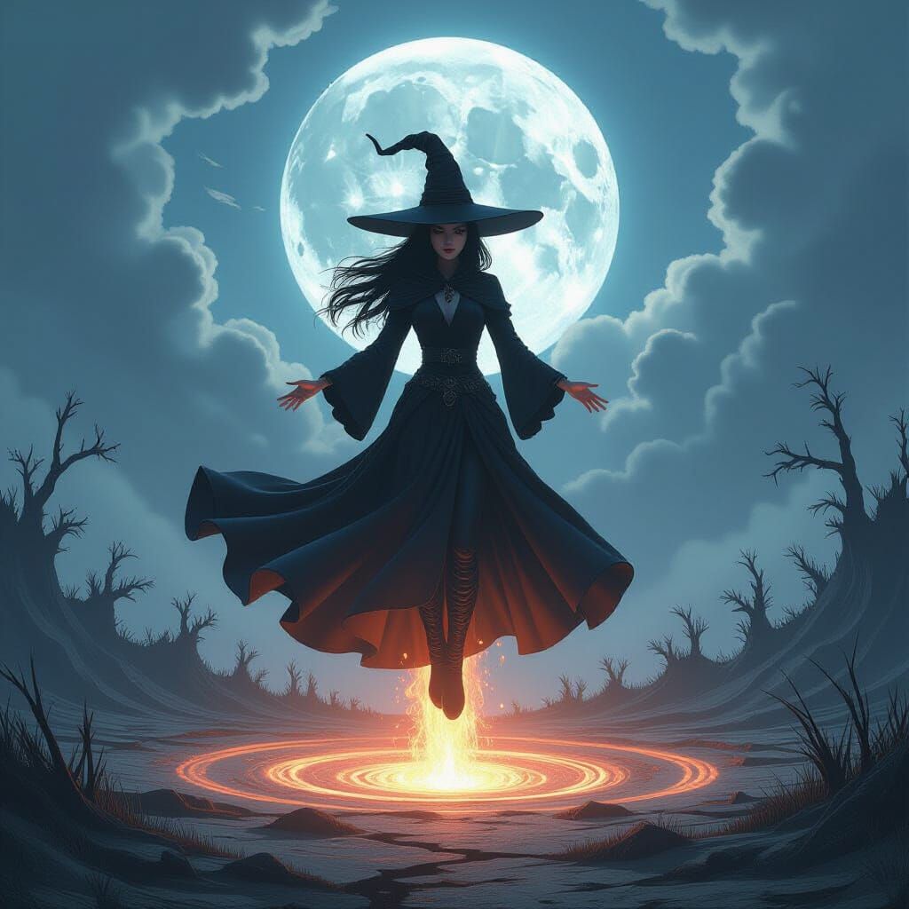 Witch Levitation in Dark Fantasy Anime Style