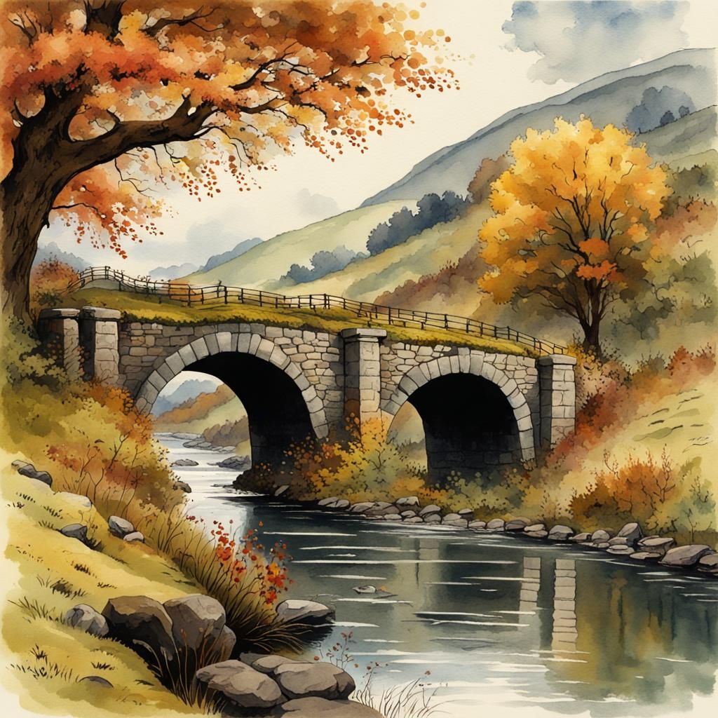 Scottish Stone Bridge in Watercolour Style