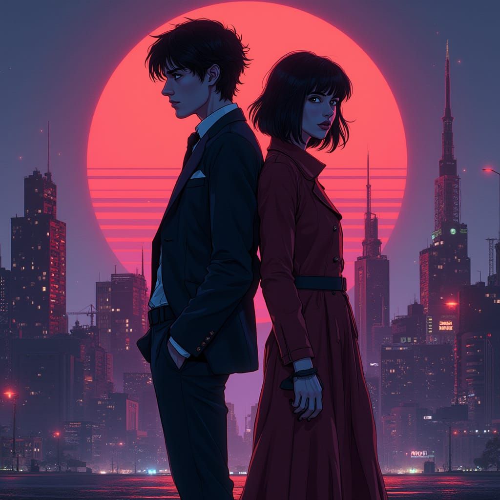 Cowboy Bebop Characters in Neon Dystopian Cityscape