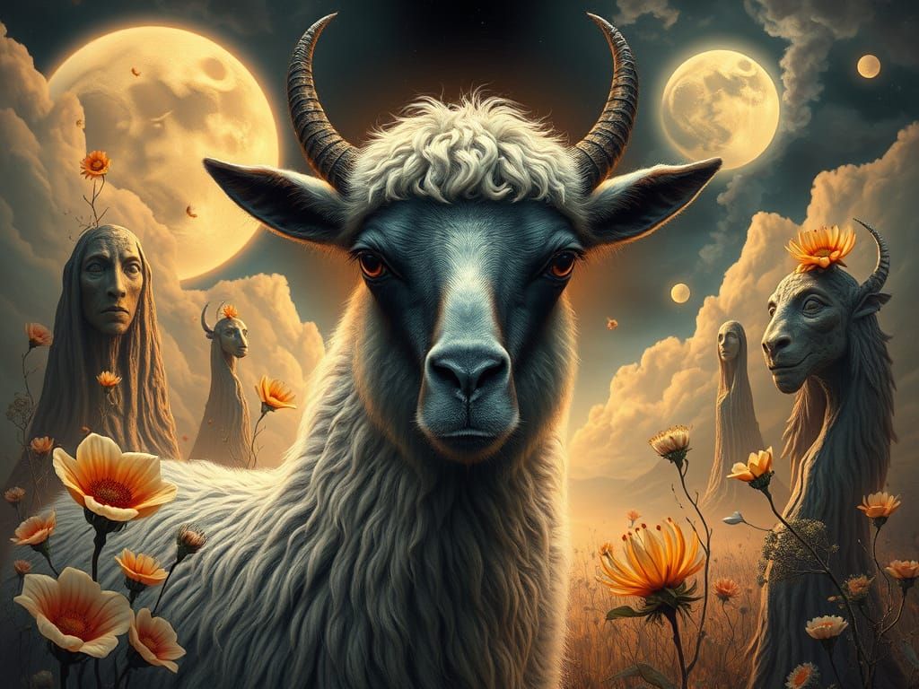 Lama in a Dreamlike Landscape of Chaos and Turmoil