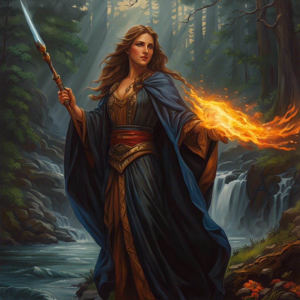Water Wizard vs Fire Elemental: Pre-Raphaelite Oil Painting