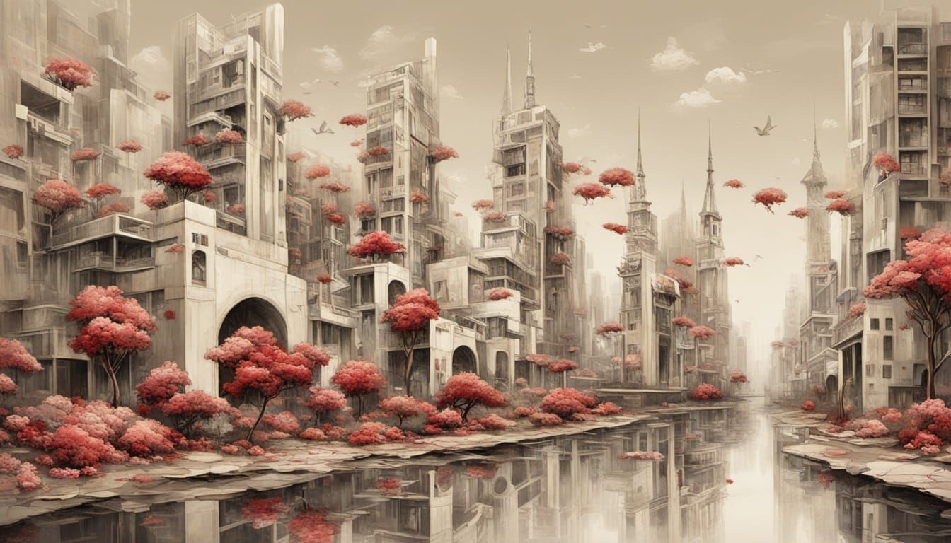 Abstract Floral Cityscape in Sanguine Hues