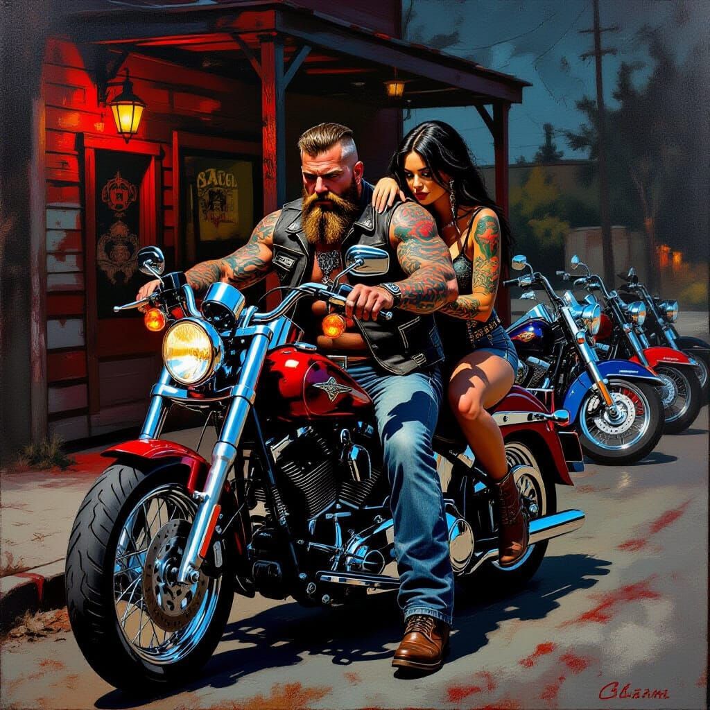 Outlaw Bikers at Rustic Bar with Tattooed Couple