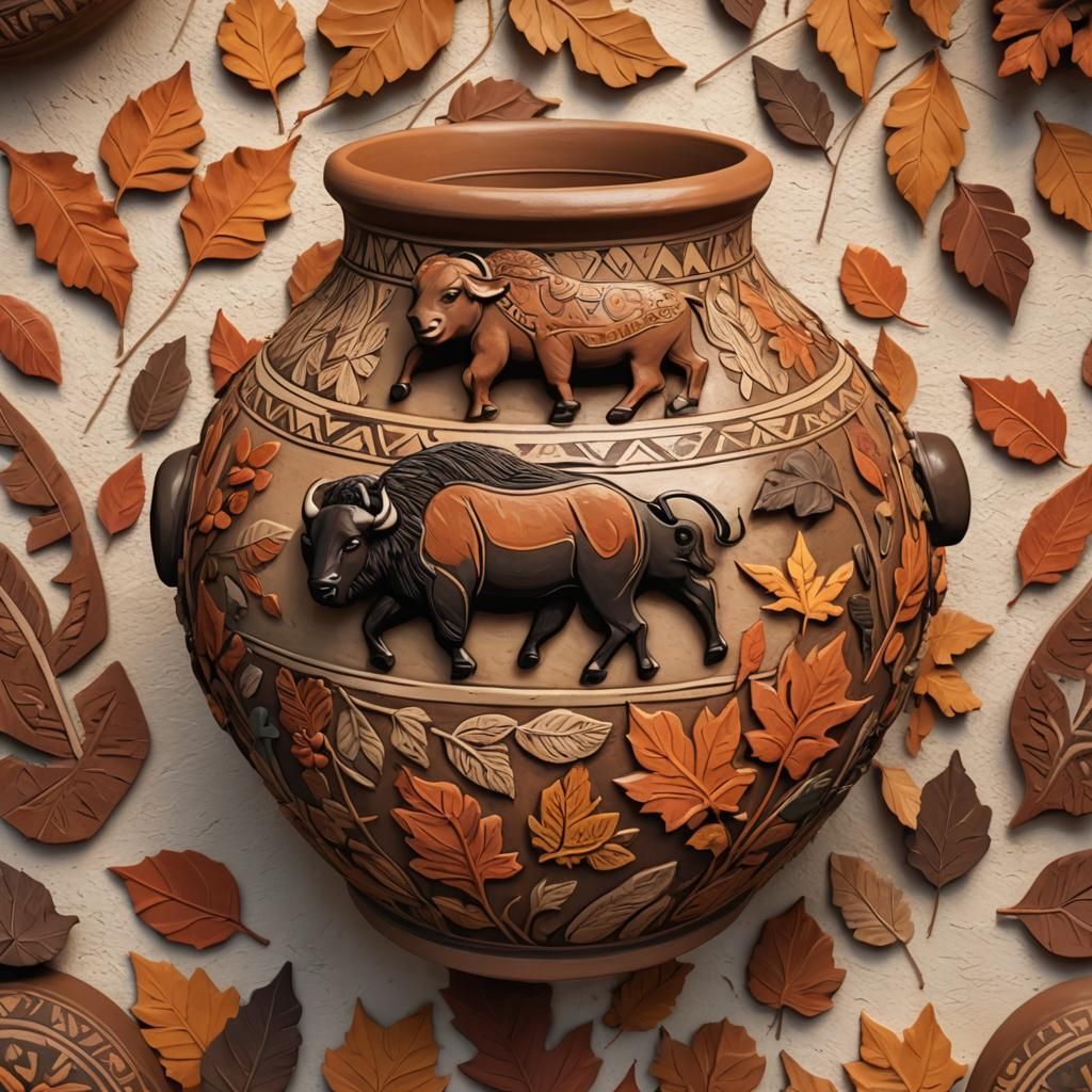 Native American Pottery Art with Bison and Autumn