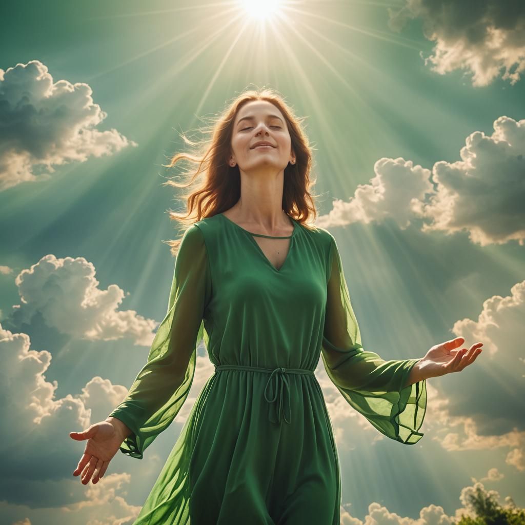 Woman in Green Dress Worshipping in Holy Light