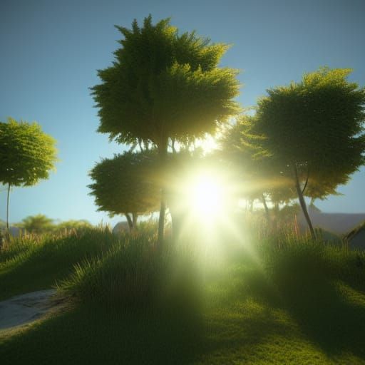 Oasis with Volumetric Lighting in Auroracore Style