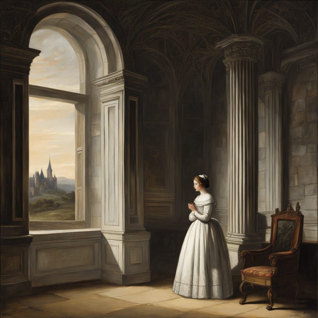 Gloomy Castle and Woman in White Gown