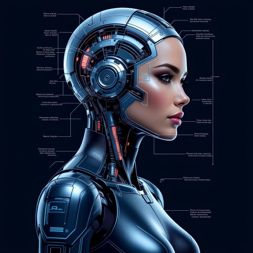 Android Woman with Surgical Schematics in Blueprint Style