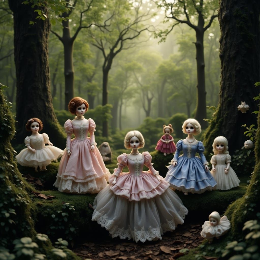 Antique Dolls in Secret Grove, Photorealistic Style