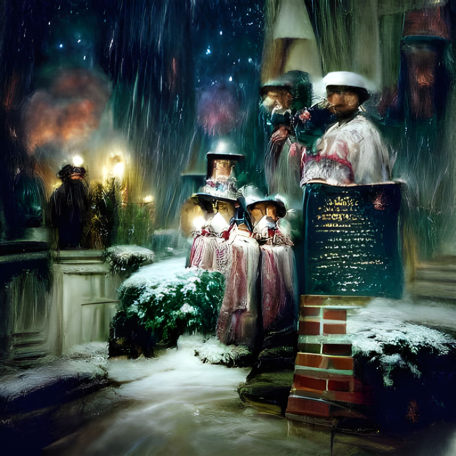 Victorian Christmas Carolers in Snowy Scene