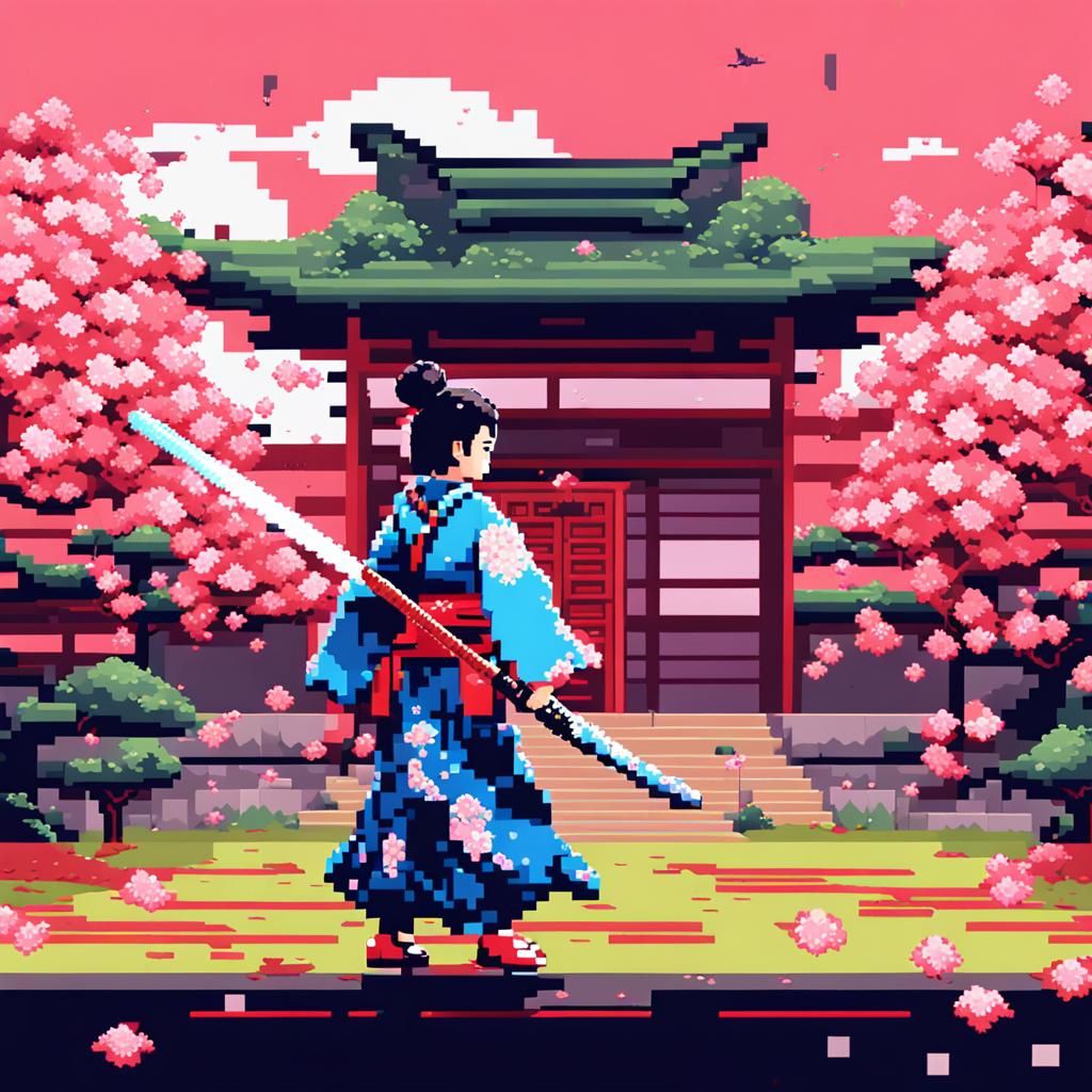 Pixel art of a female samurai