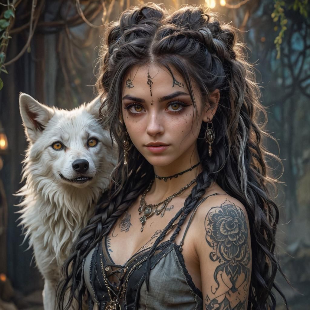 Mischievous Gypsy Pixie Girl with White Wolf