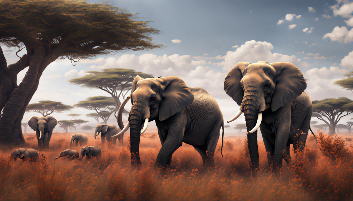 Elephants Roam the African Savannah: Matte Painting