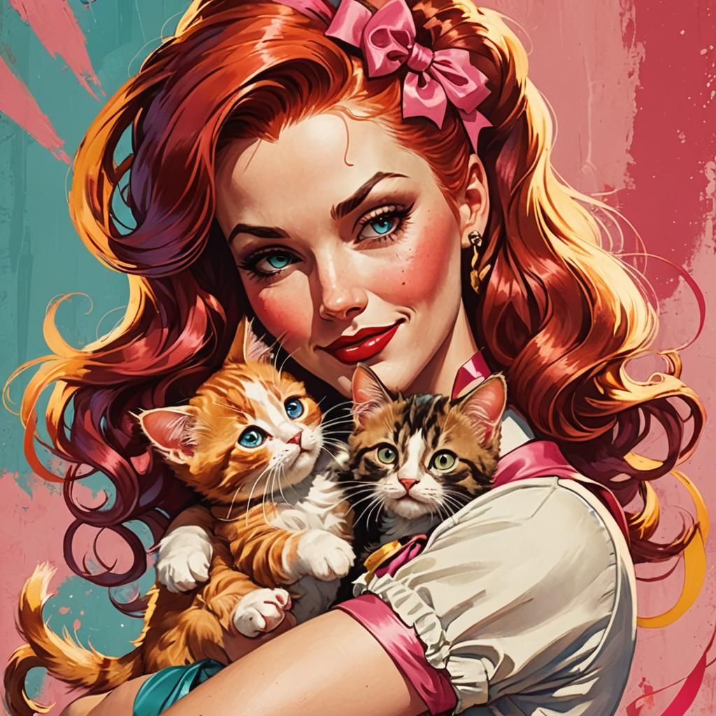 Vintage Pin-Up Girl with Kitten Illustration