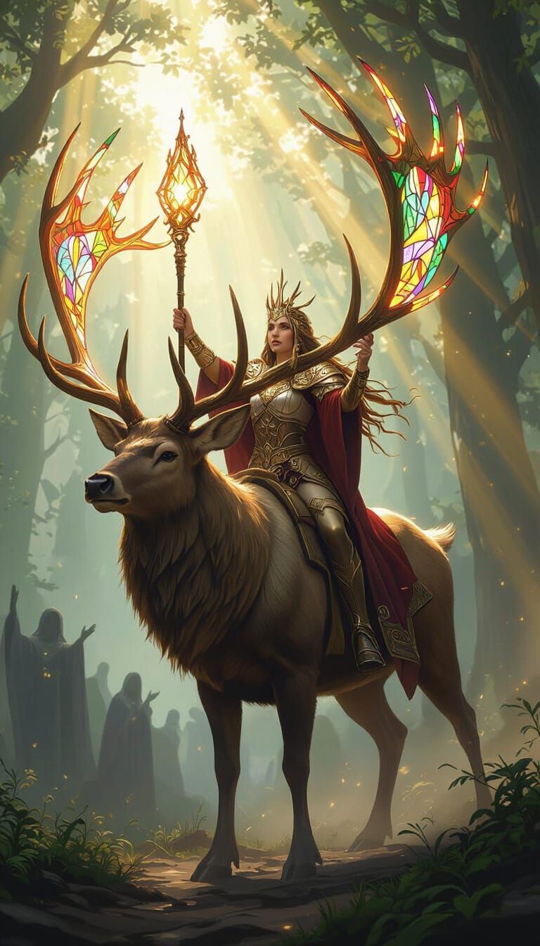 Warrior Priestess on Colossal Stag with Stained Glass Antler...