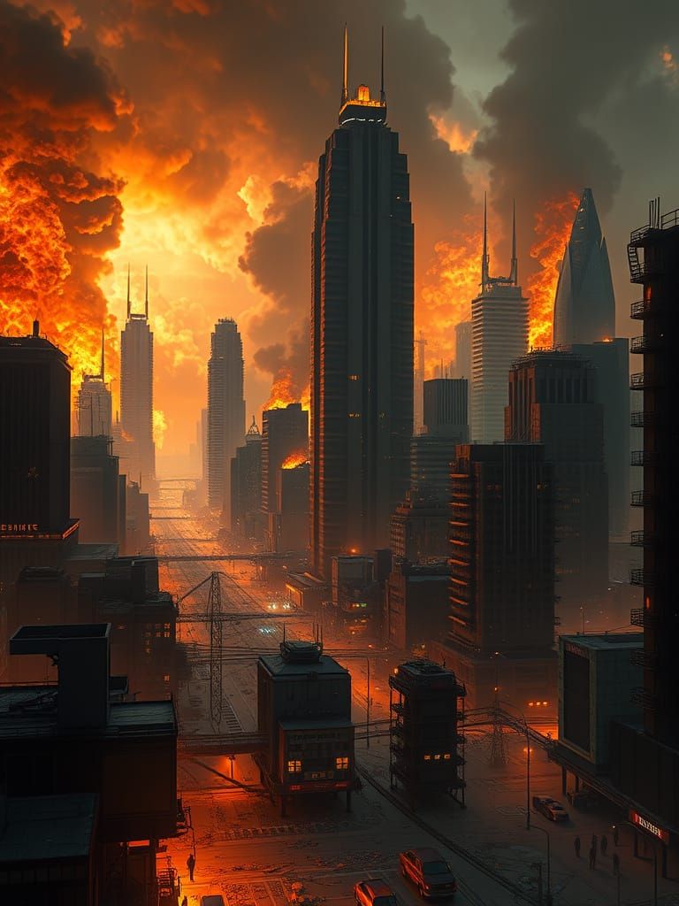 Dystopian Cityscape in Fiery Apocalypse