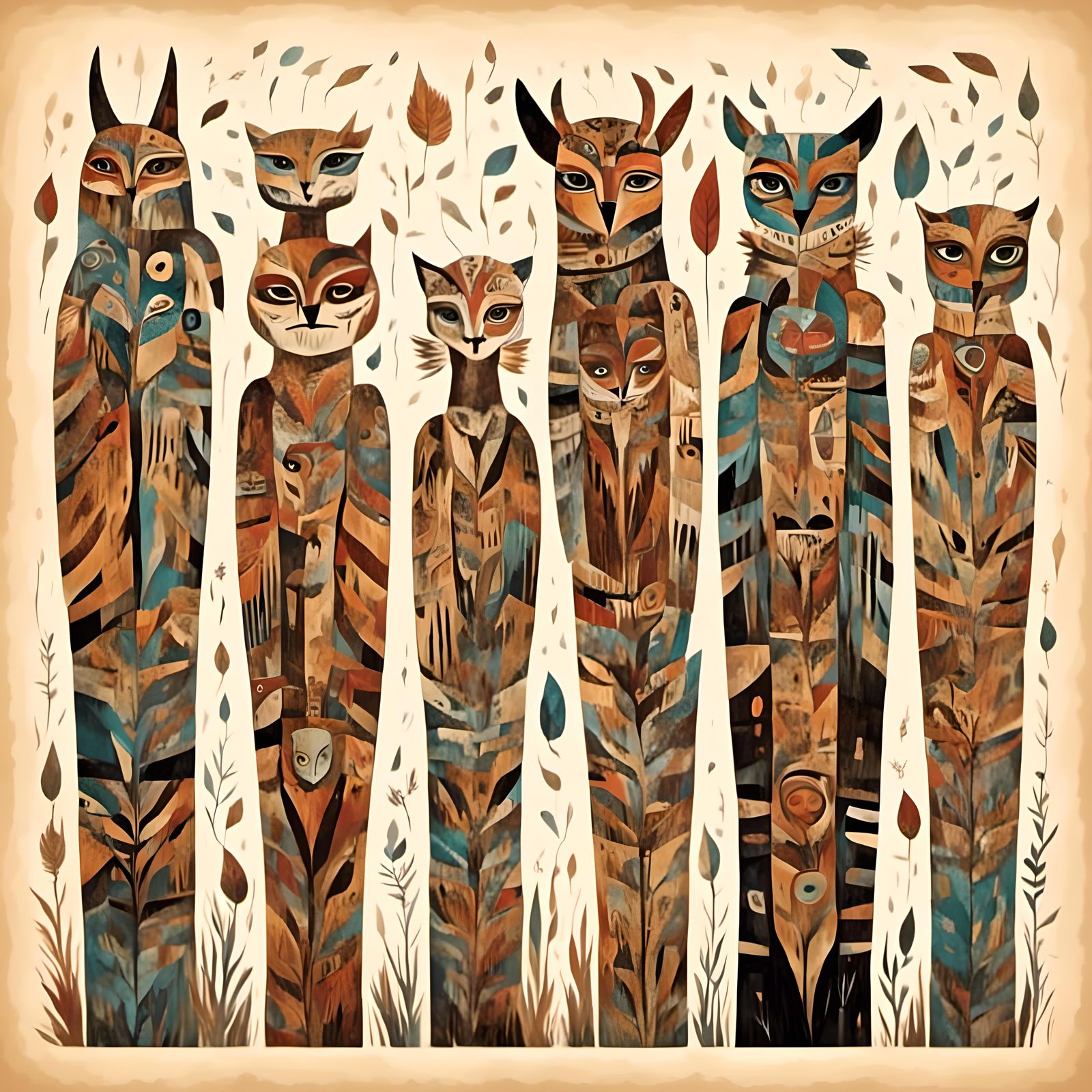 Woodland Clearing Totem Poles: Hawk, Bear, Cougar
