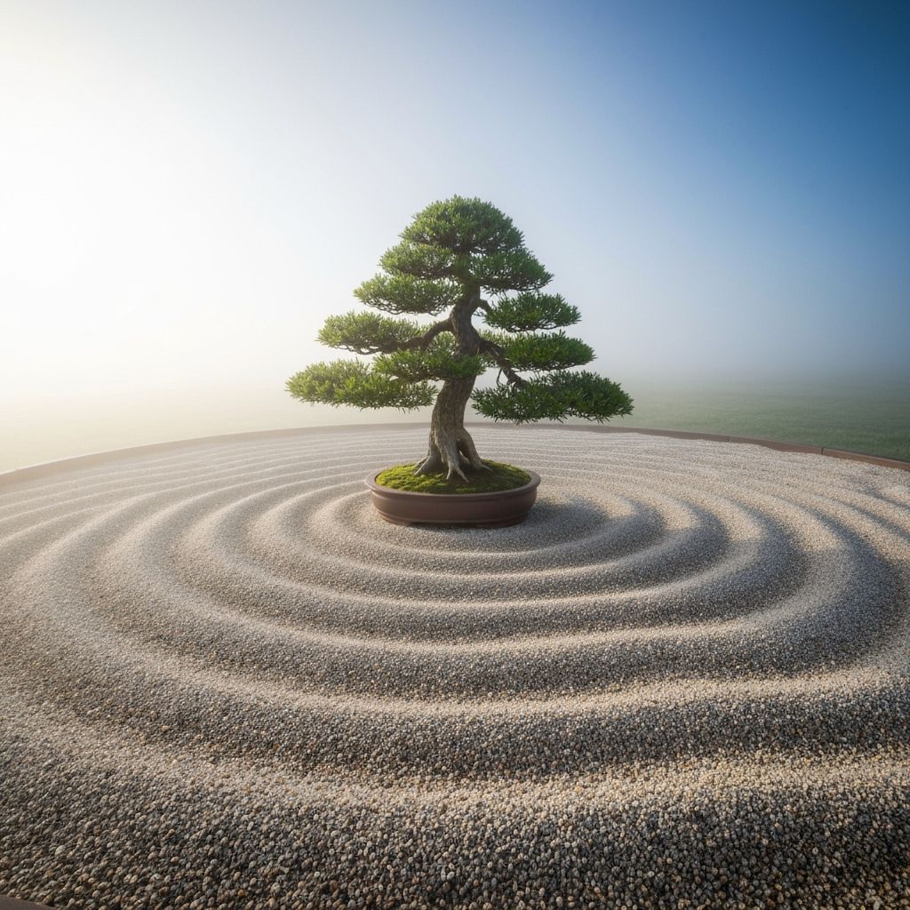Zen Garden with Bonsai Tree in Morning Mist
