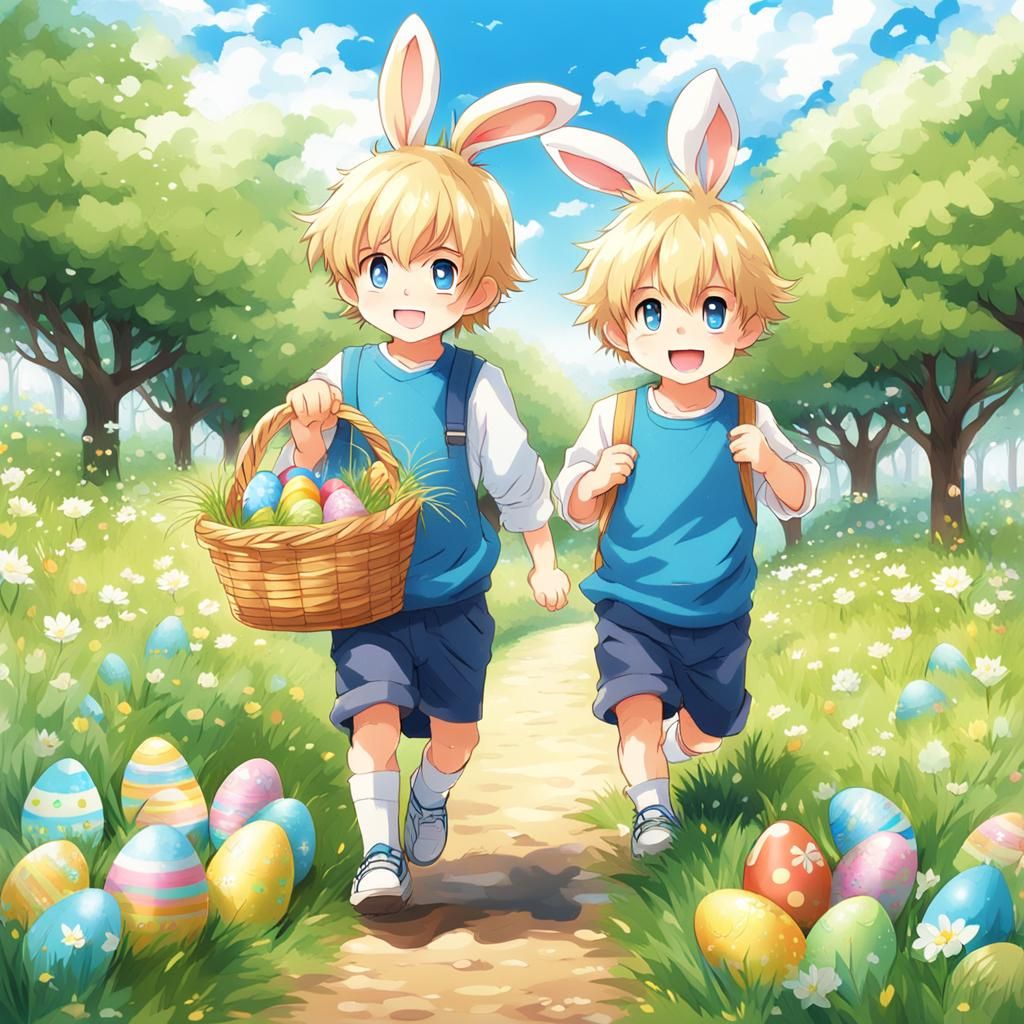 Twin Toddlers on Easter Path: Anime Style