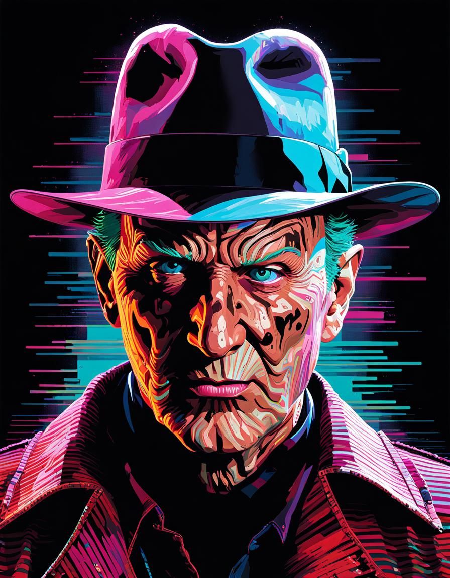 Freddy Krueger Glitch Art Portrait in Vaporwave Style