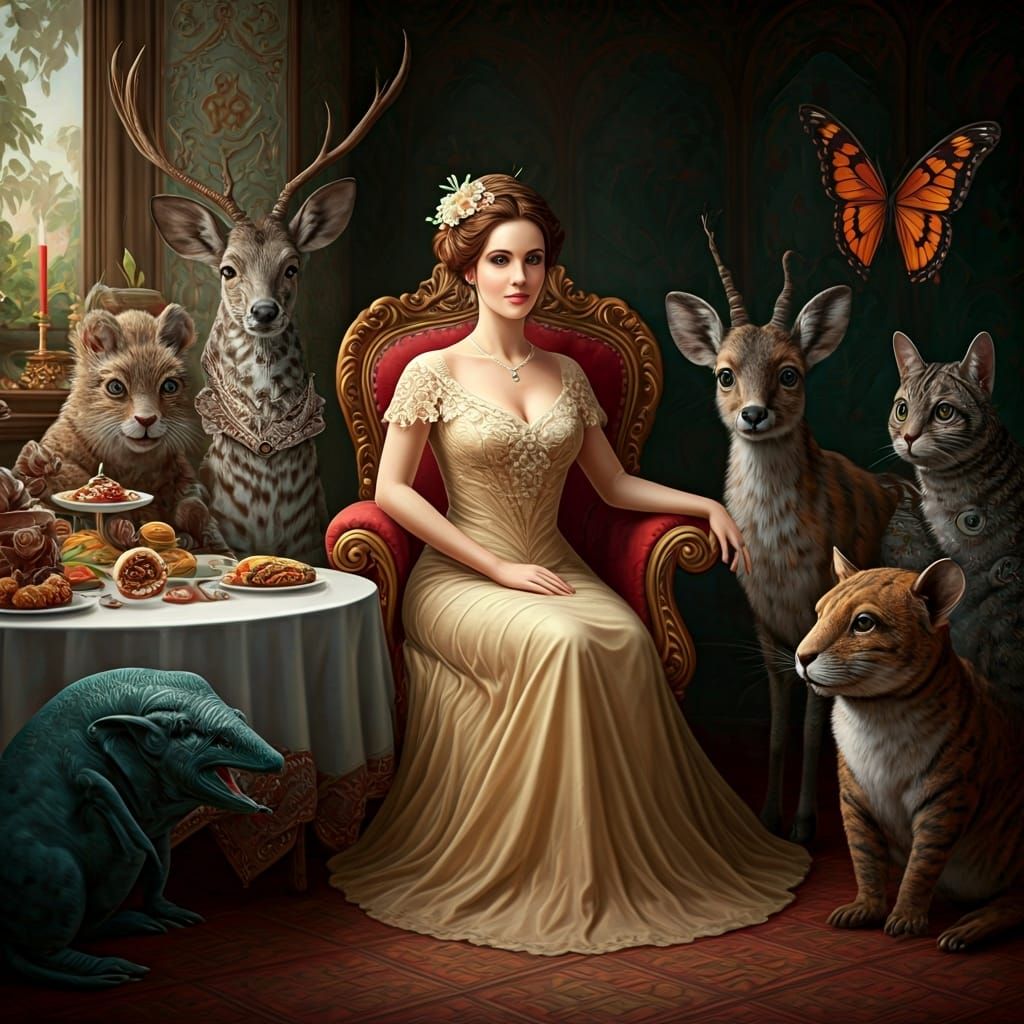 Butterfly Woman Surrounded by Animals, Oil Painting