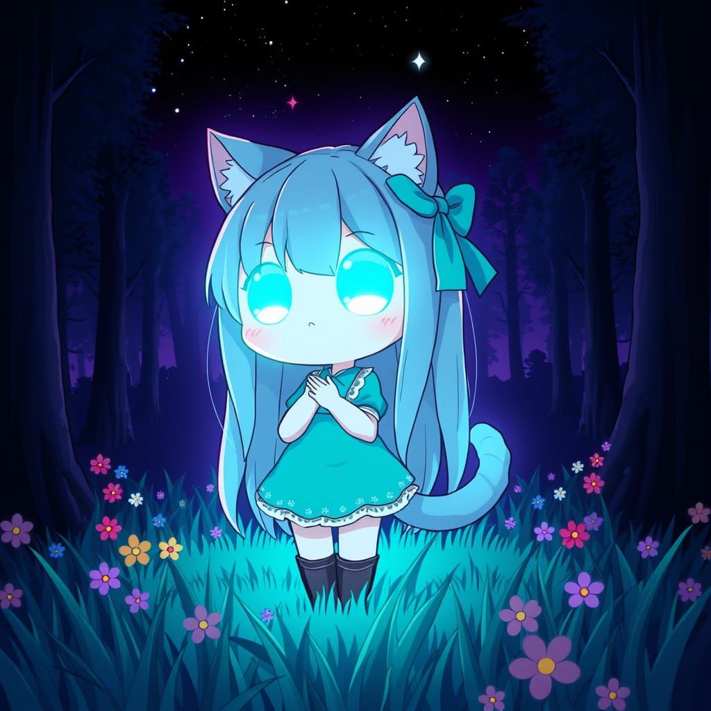 Synthwave Anime Catgirl Illuminates Dark Forest
