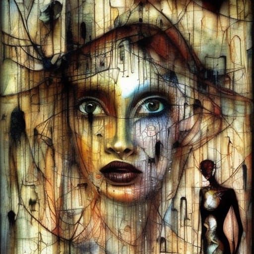 Claymation Portrait with Ink Drips and Geometric Patterns