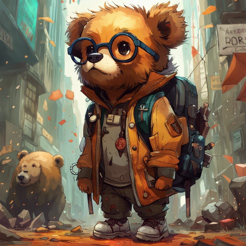 Chibi adorable bear cub wearing oversized backpack and glasses,