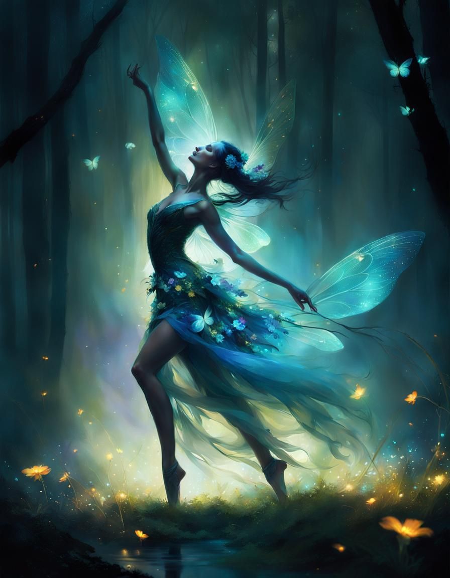 Bioluminescent Flower Fairy Dancing at Night