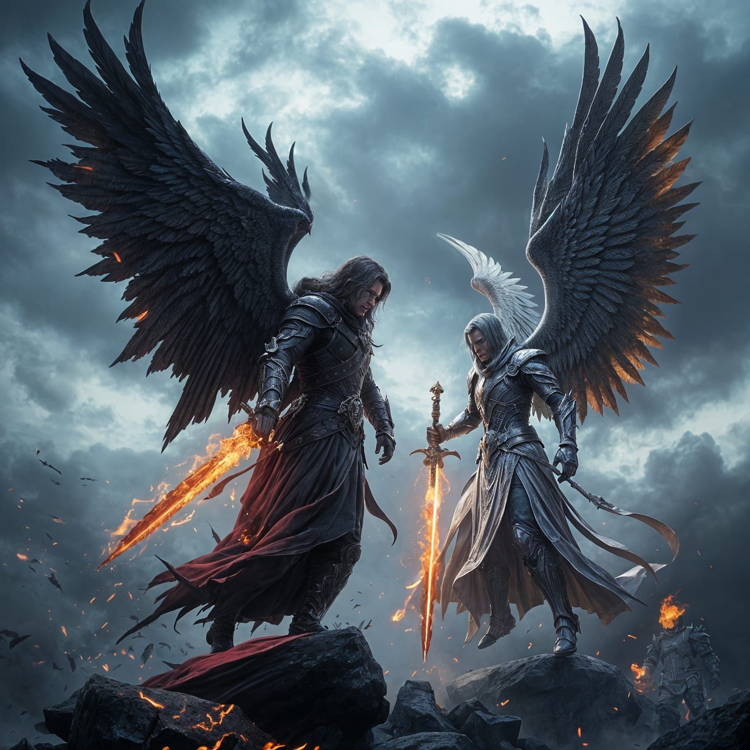 Epic cinematic standoff between dark and light