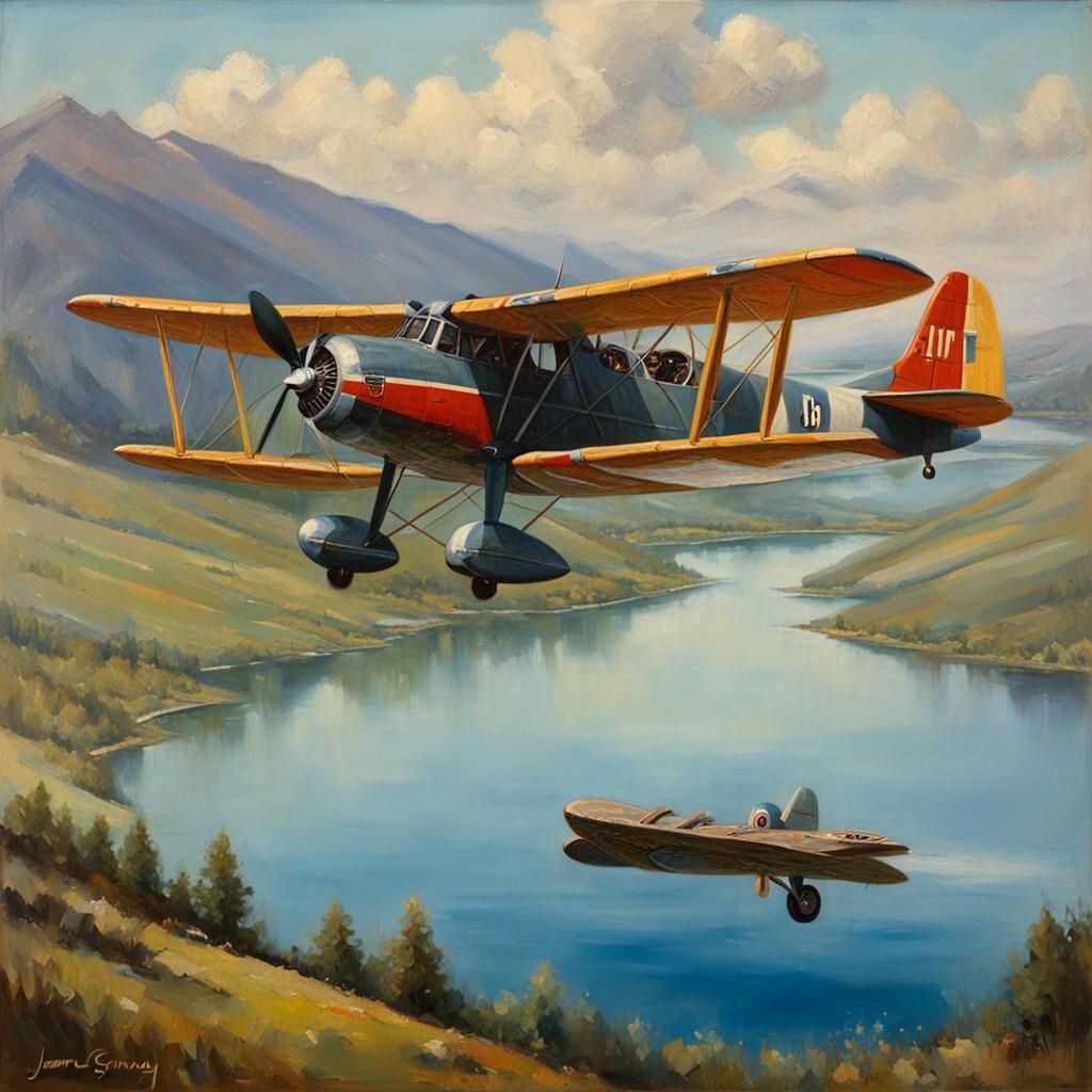 Three Engine Aircraft Over Lake as Oil Painting