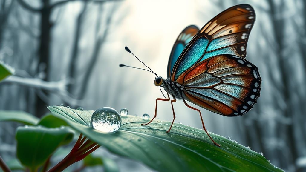 Hyperrealistic Butterfly in Snowy Forest Landscape