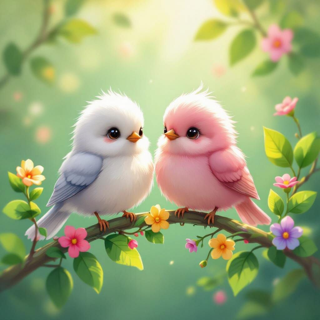 Fluffy Birds on Colorful Branch in Storybook Style