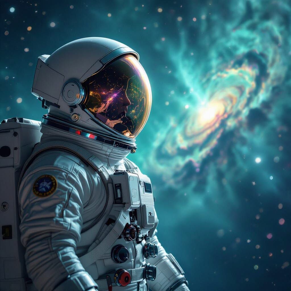 Astronaut Gazing at Emerald Nebula in Space