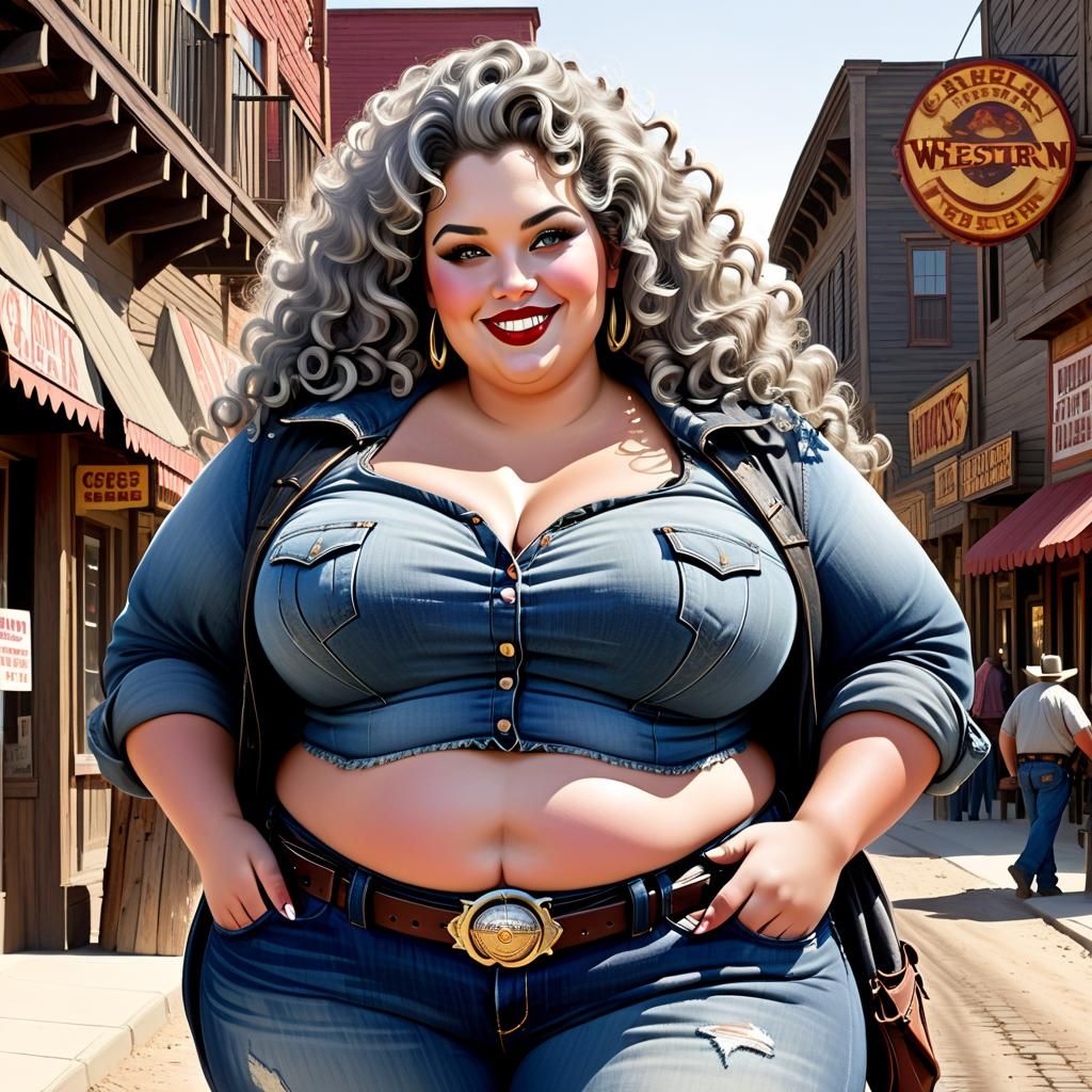Obese Gunslinger in Western Town with Guns