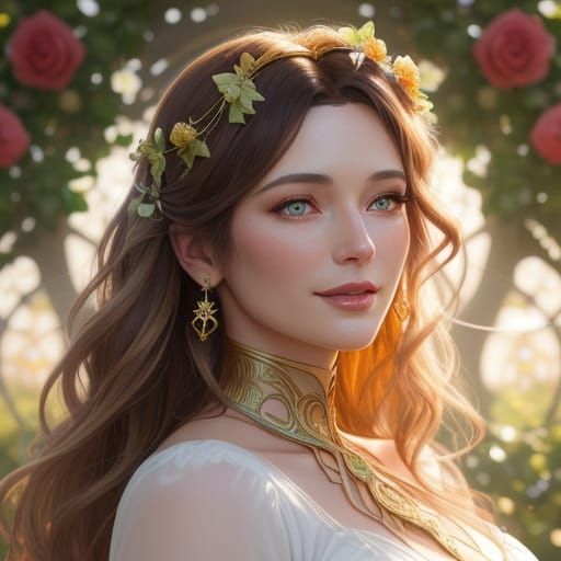 Hyper-Realistic Art Nouveau Goddess with Amber and Lime Gree...