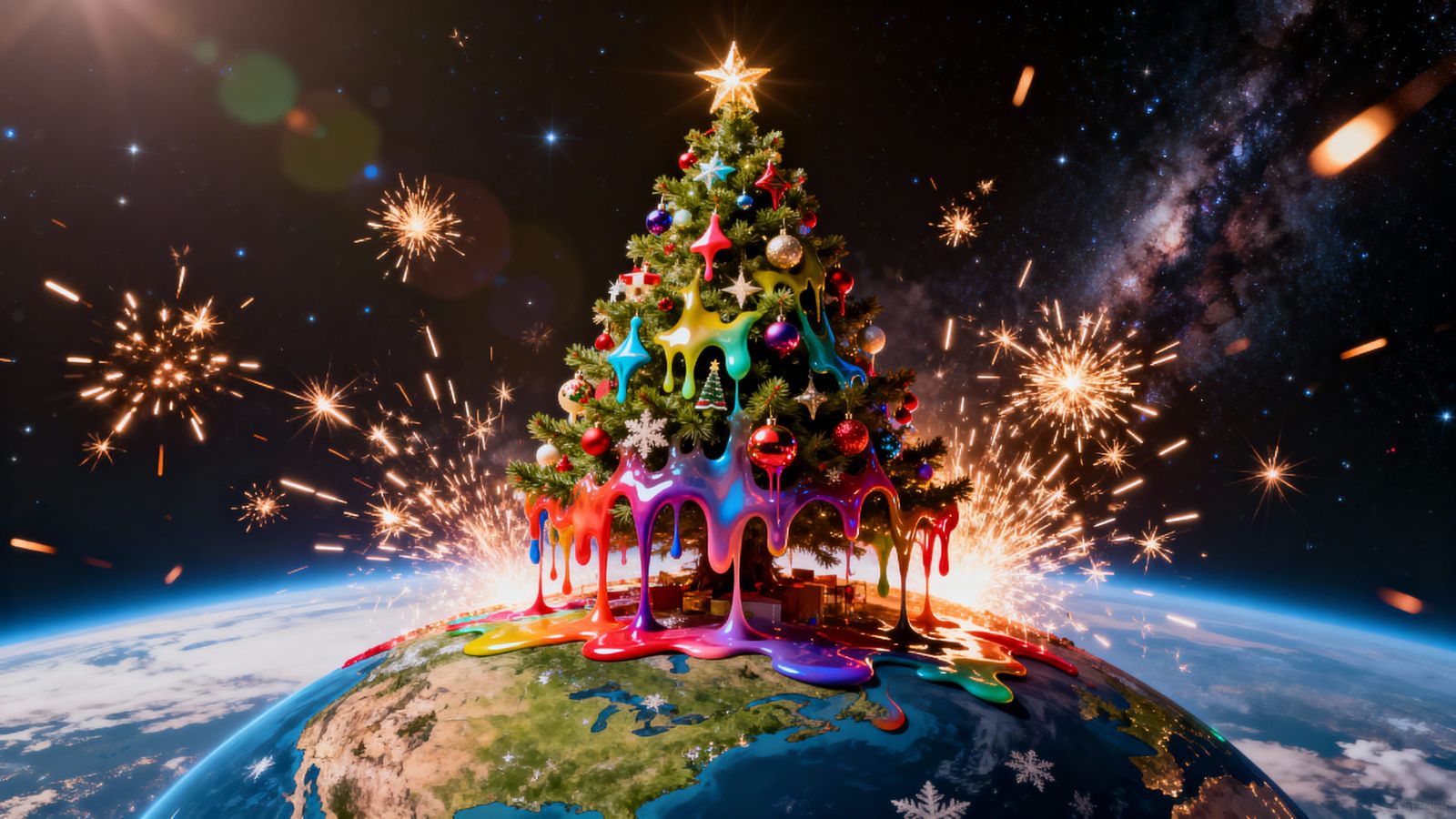 Melting Christmas Tree on Cosmic Planet in HDR Style