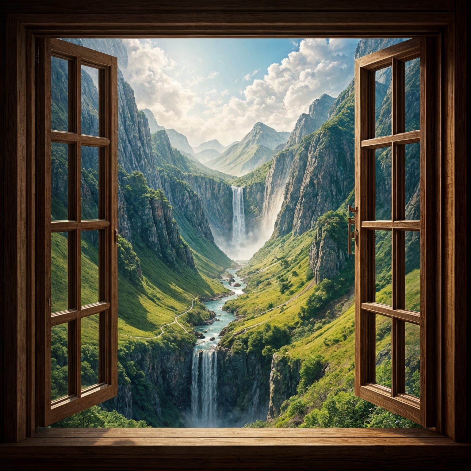 Hyperrealistic Mountain Valley Landscape with Waterfall from...