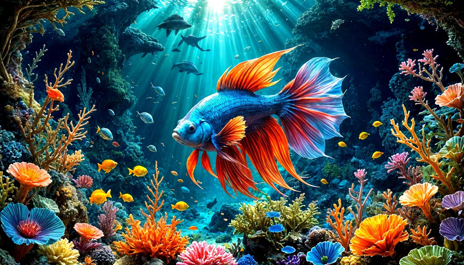 Red Betta Fish in Coral Reef, Hyper-Realistic