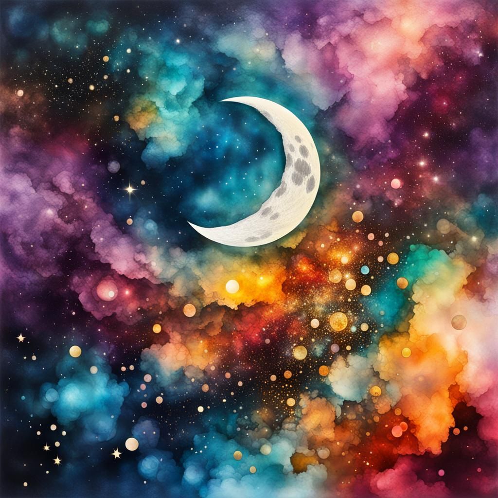 Dimensional Moon with Nebula in Alcohol Inks