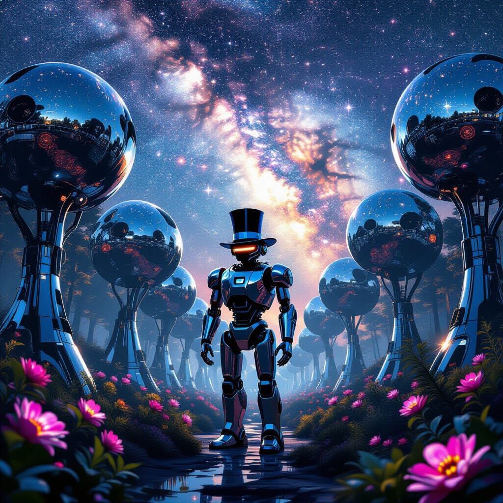 Cosmic Forest with Chrome Robot Trees and Galaxy Robot