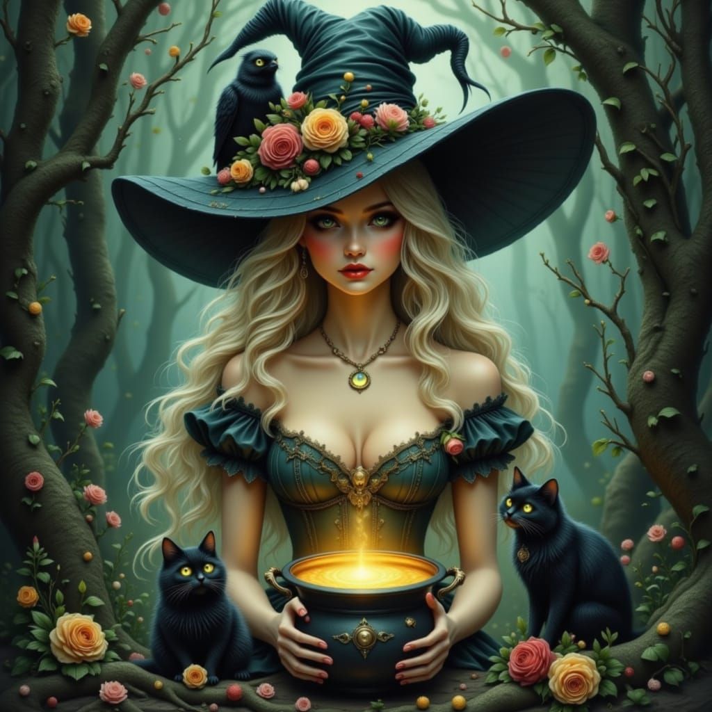 Gothic Oil Painting of Enchanting Witch with Ornate Hat